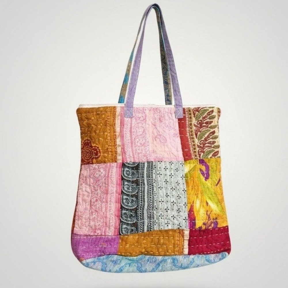 Kantha Stitch Tote Hobo Bag Large Multicolor Patchwork Boho India Sari Artisan